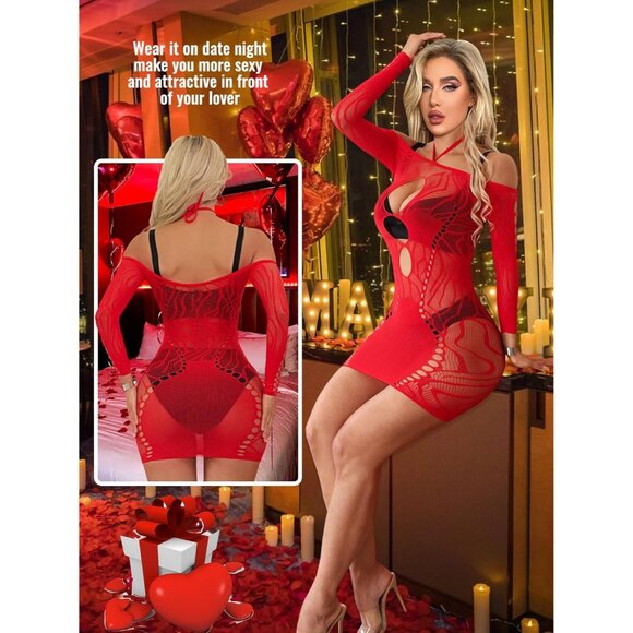 Red Black Women Sexy Halter Bodycon Mesh Midi Dress Lingerie Nightdress Outfit - Picture 3 of 6